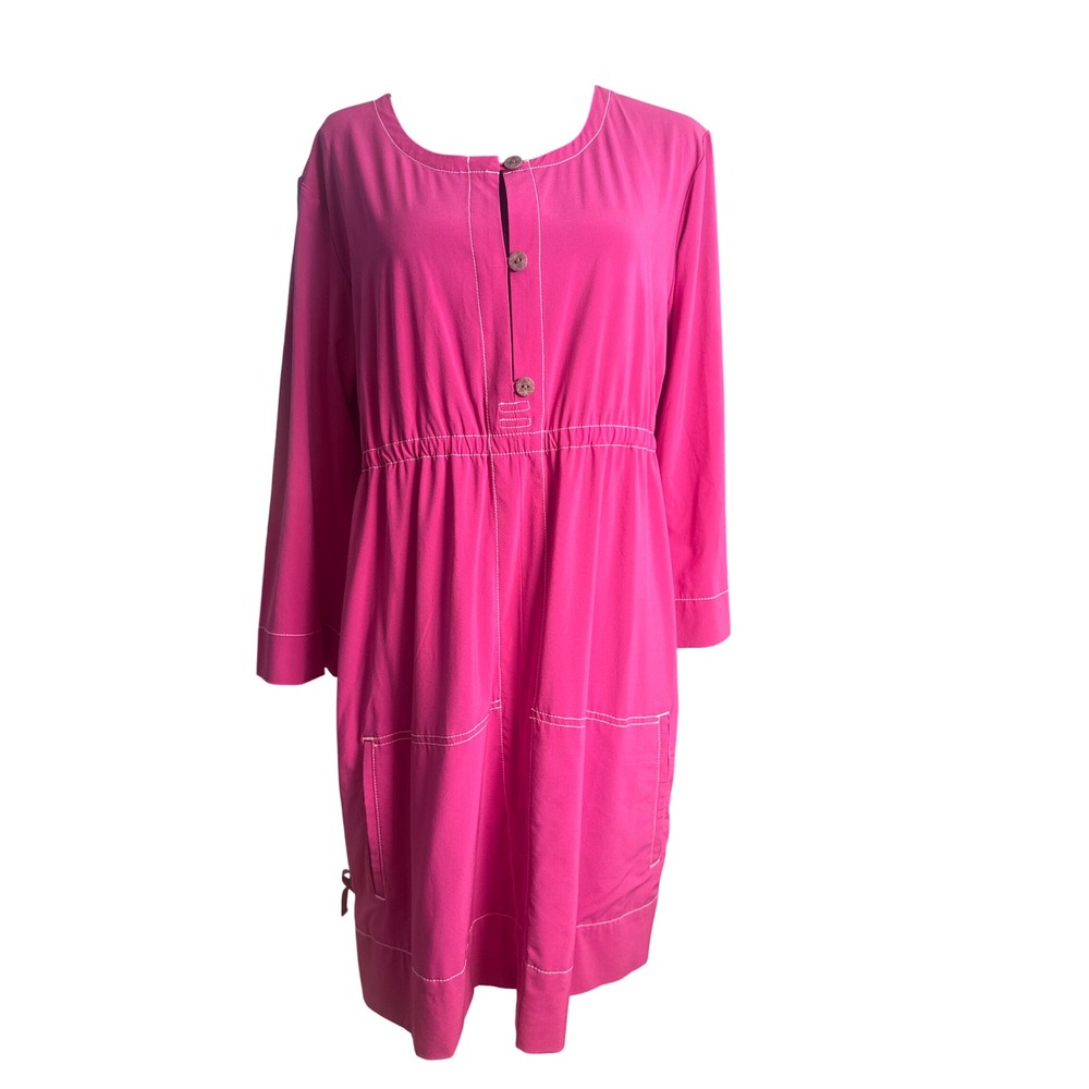 Title Nine Womens XL Hot Pink Cinched Waist Contrast Stitch Pocket Dress Lg Slv